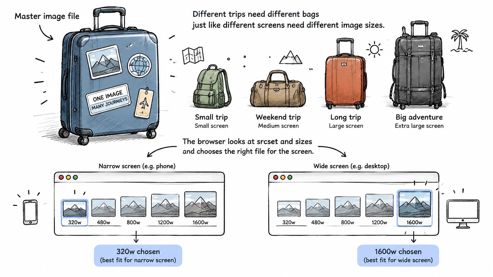 An illustration showing how responsive web design uses srcset and sizes to select optimal image file dimensions.