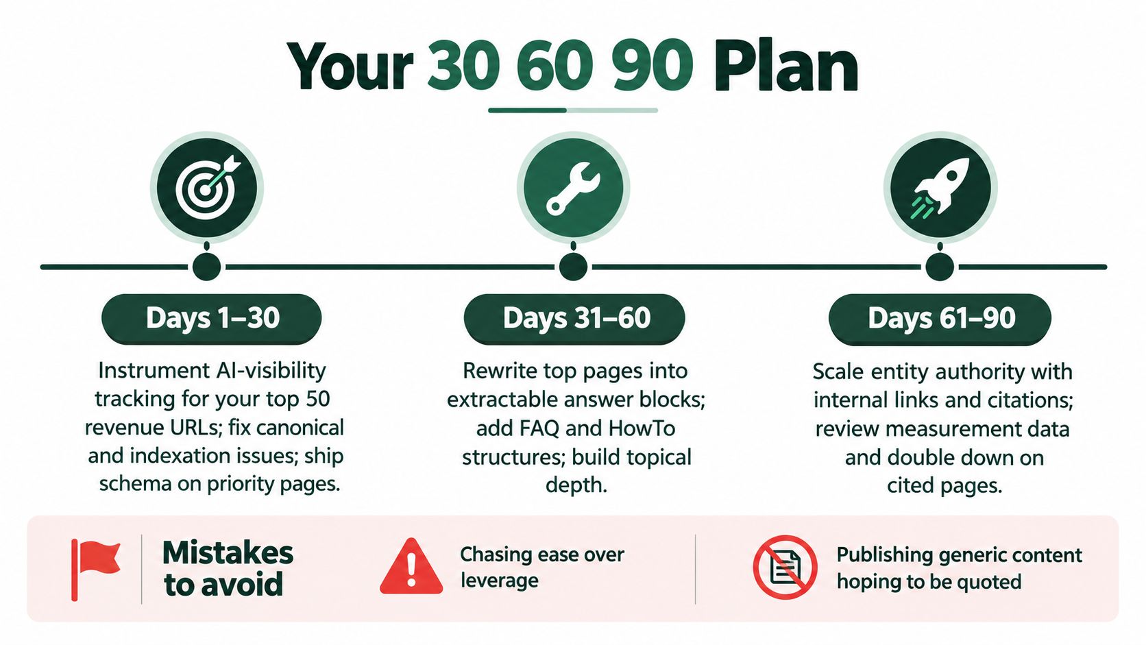 A 30-60-90 day SEO strategic plan infographic detailing steps for AI-visibility, content optimization, and entity authority.