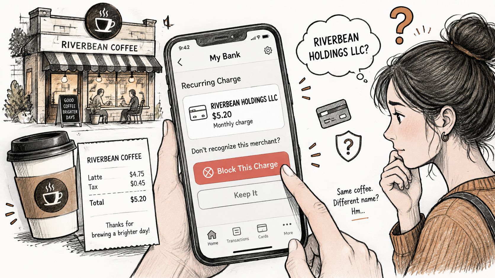 A hand holding a smartphone showing a recurring bank charge with a confused person looking on.