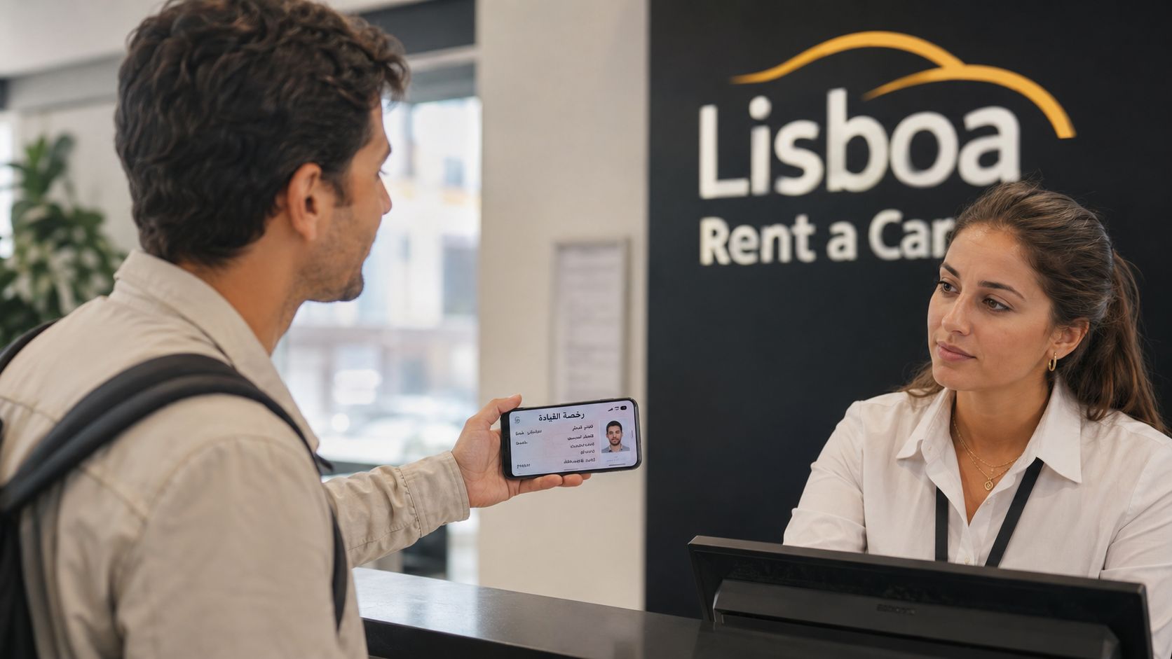 A customer displays his digital driver license on a smartphone to a rental agency staff member.