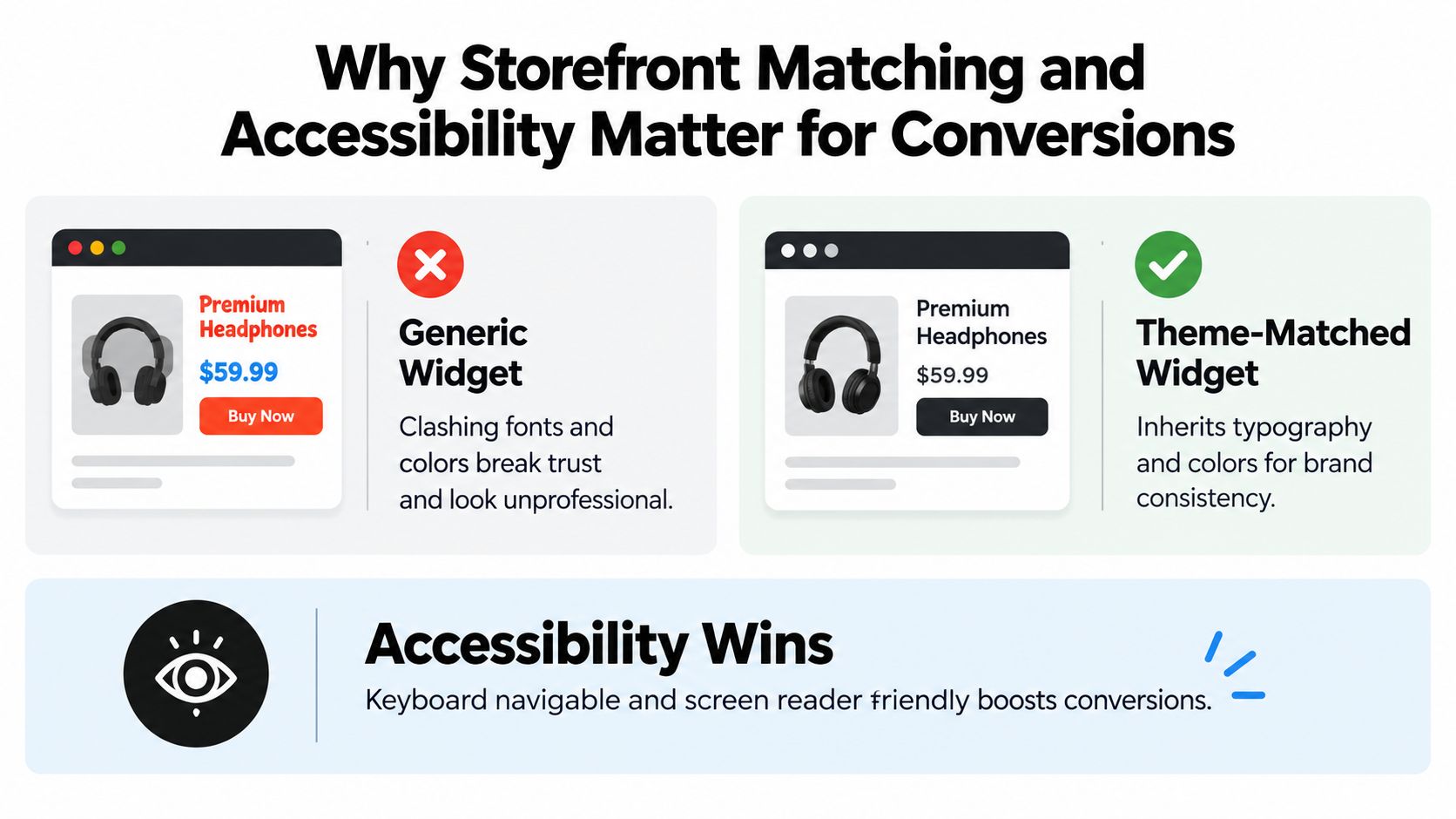 A comparison chart showing how theme-matched store widgets improve brand consistency and increase conversion rates.