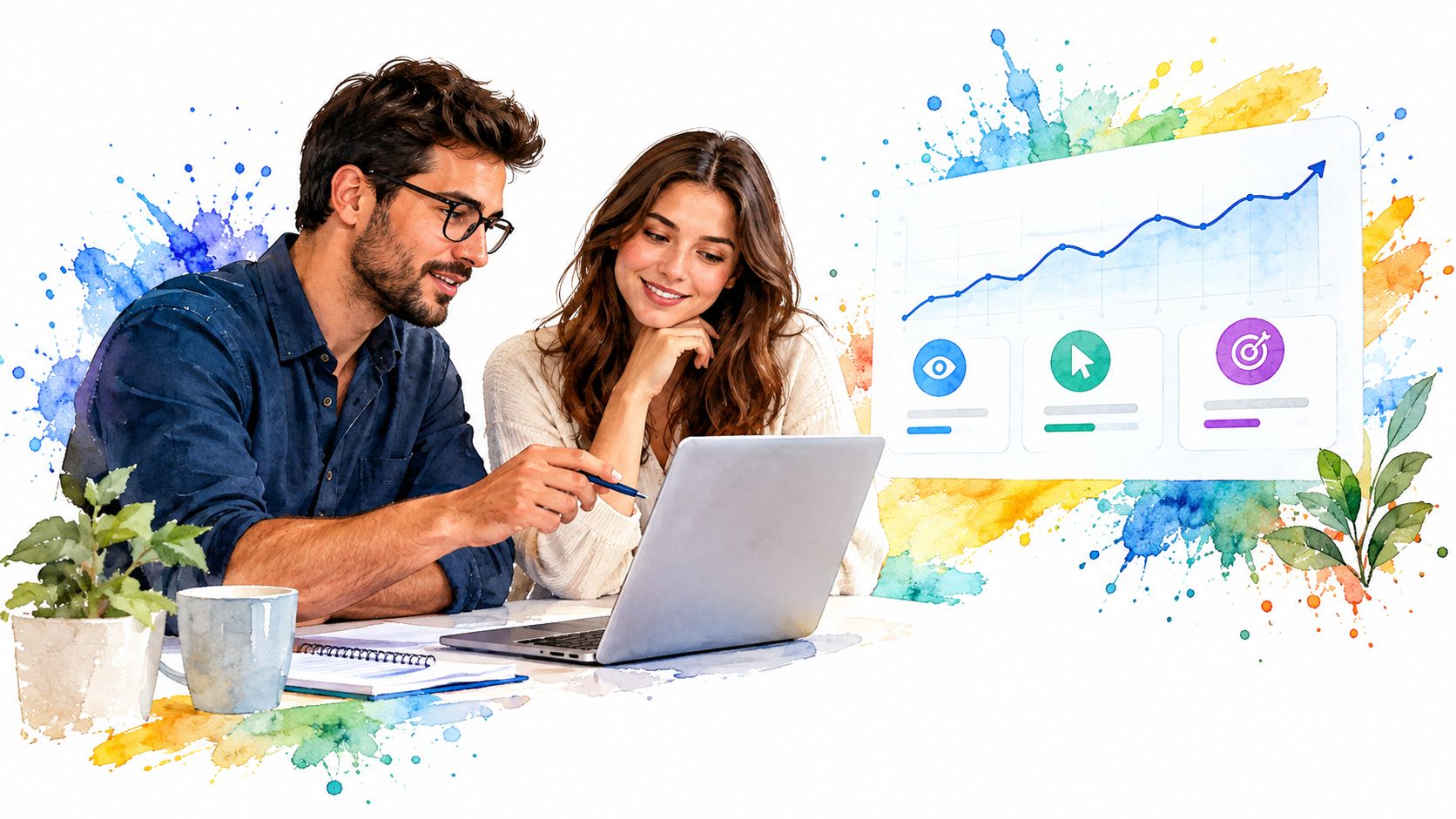 A professional man and woman collaborating on a laptop with digital marketing growth charts in the background.