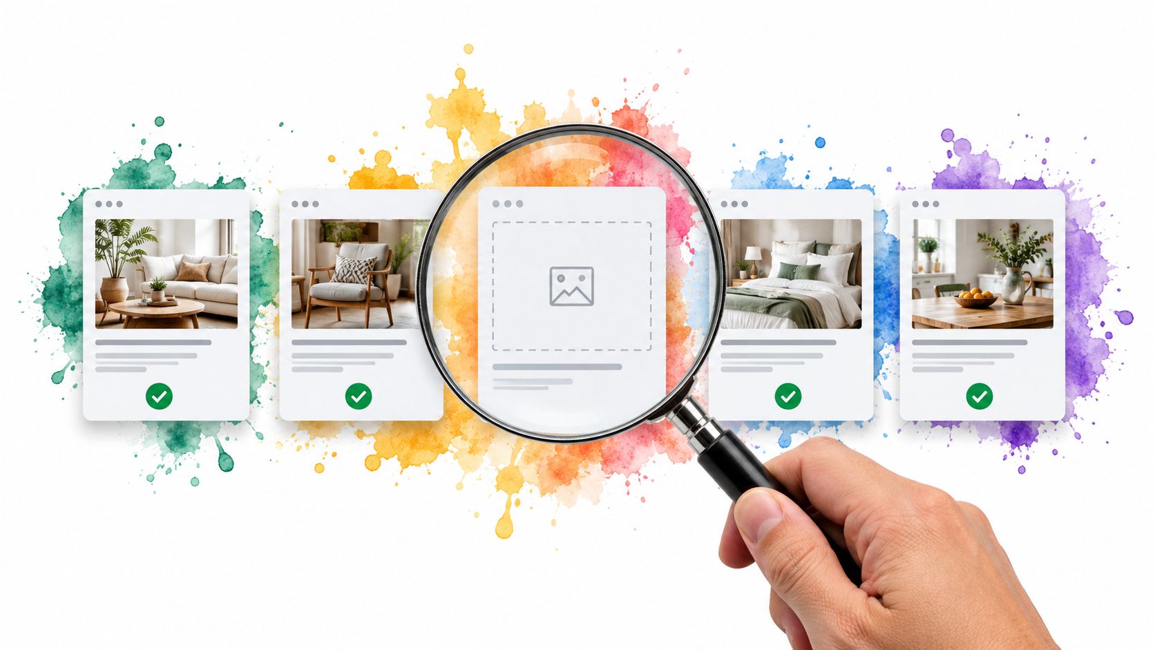 A hand holding a magnifying glass over a blank digital card surrounded by colorful watercolor splashes.