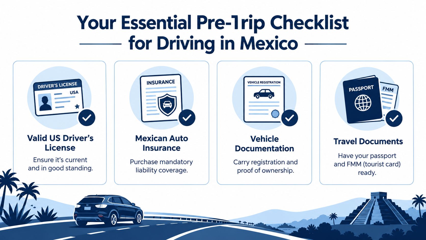 A checklist for driving in Mexico featuring license, insurance, registration, and passport requirements for travelers.