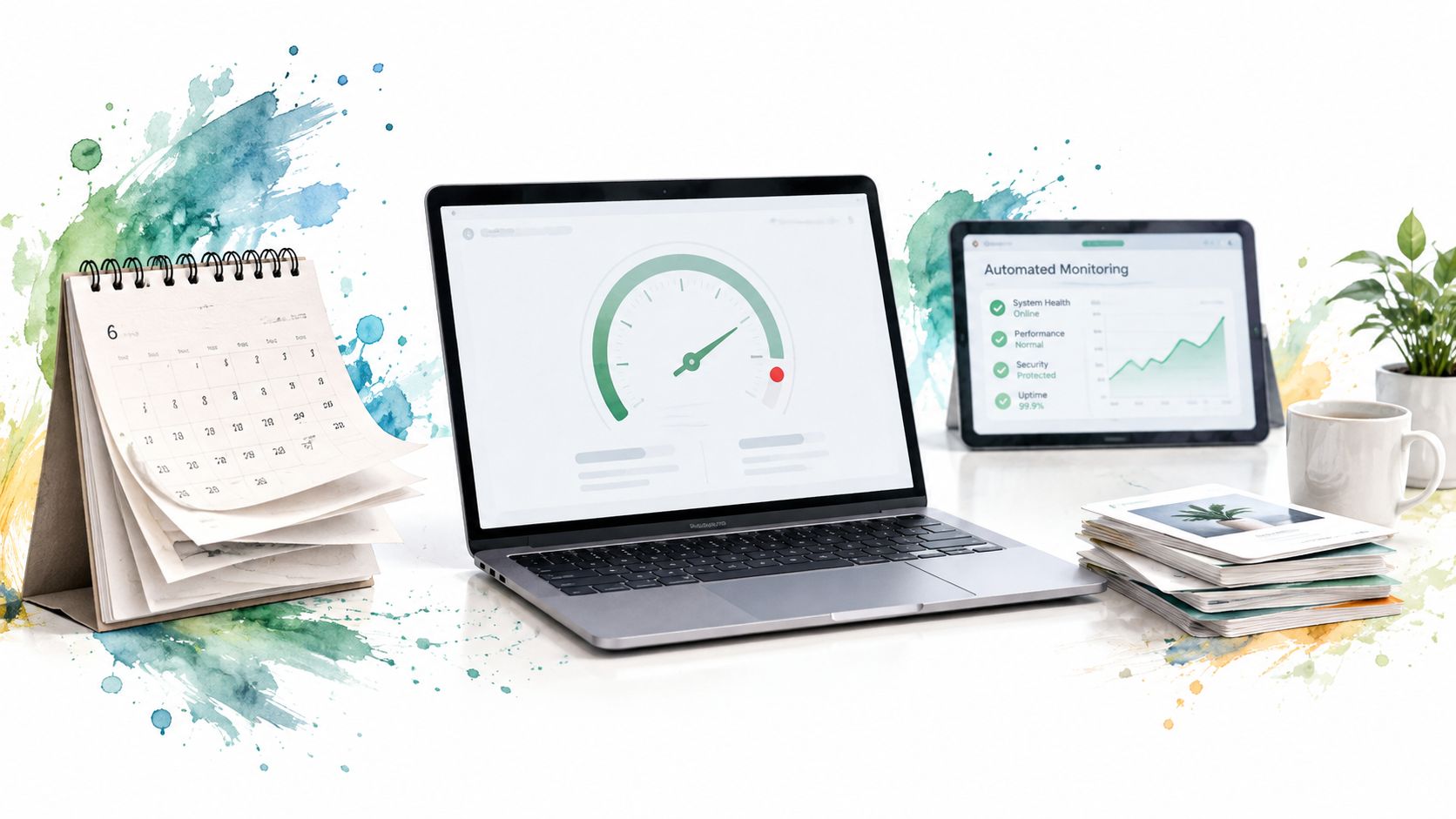A modern workspace with a laptop showing a performance meter, a tablet with automated monitoring, and a calendar.