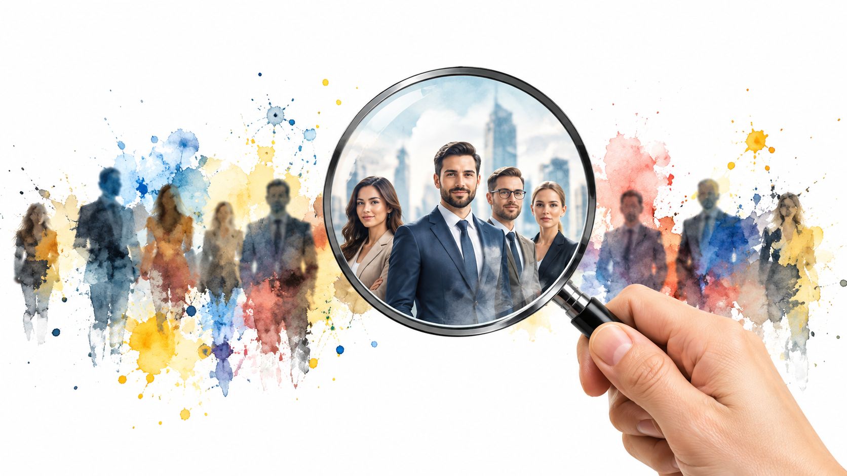 A hand holds a magnifying glass over a group of professional business people in city attire.
