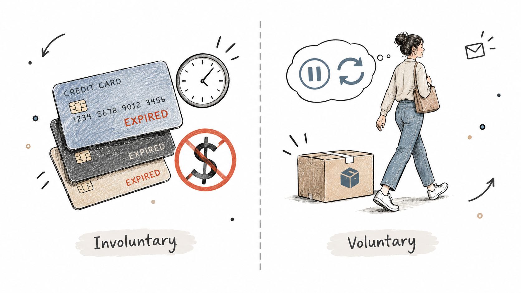A split illustration comparing involuntary subscription churn due to expired cards with voluntary subscription churn decisions.
