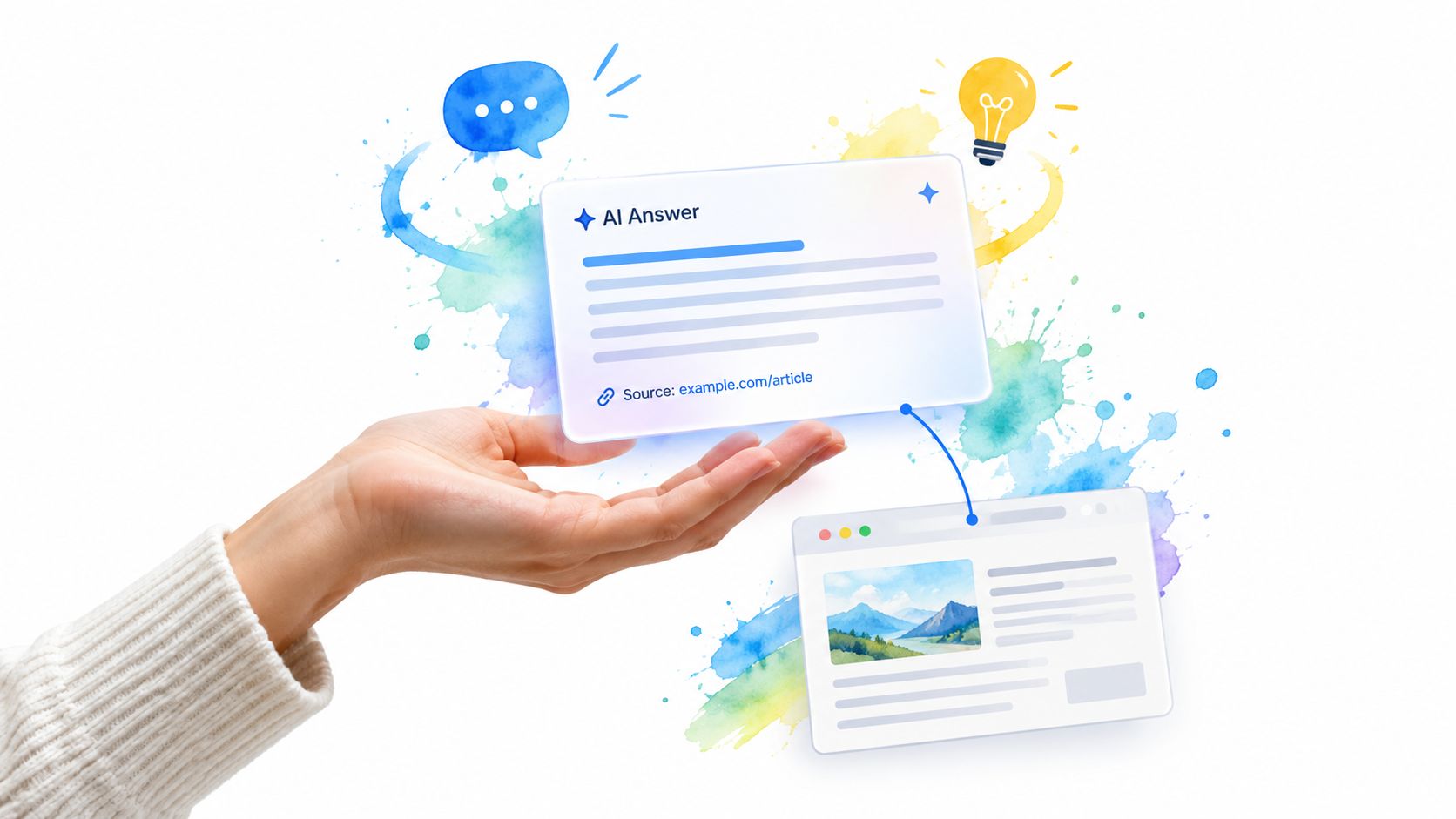 A hand holding a translucent AI answer card connected to a webpage showing an informative article.
