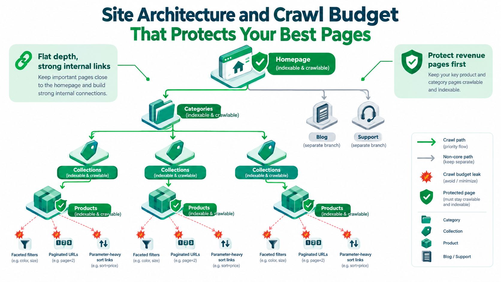 An infographic showing optimal site architecture and crawl budget strategies for prioritizing e-commerce product pages.