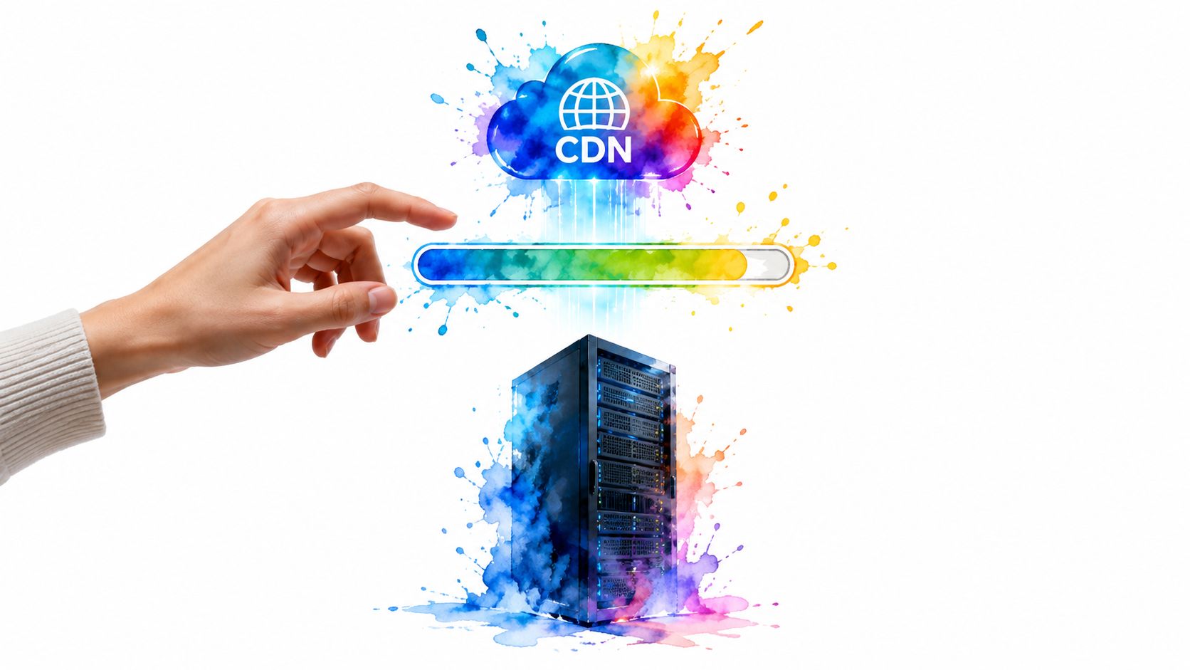 A hand interacting with a colorful digital cloud icon representing a CDN above a server rack.