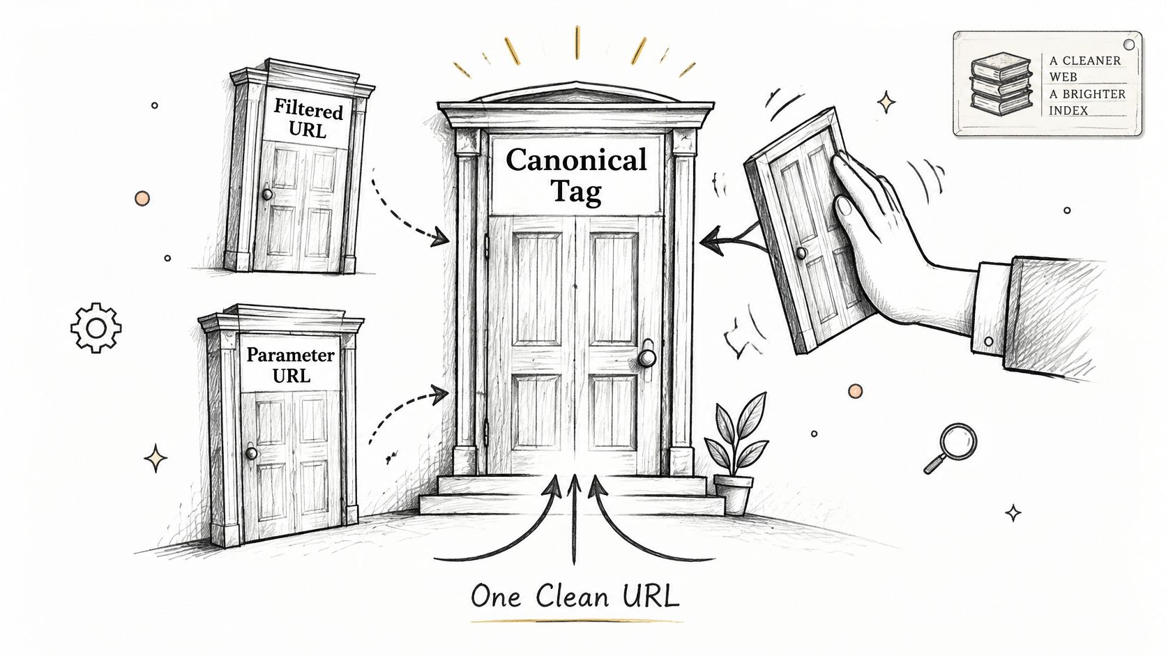 A hand guiding different web URLs towards a central doorway representing a canonical tag for SEO.