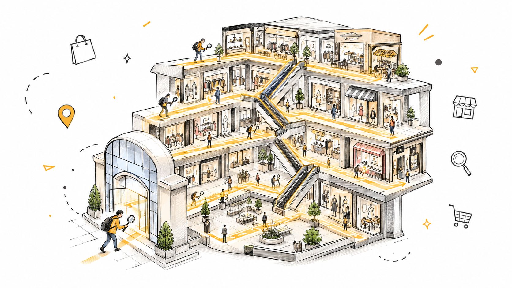 A 3D isometric illustration of a multi-story shopping mall building with people searching for navigation paths.