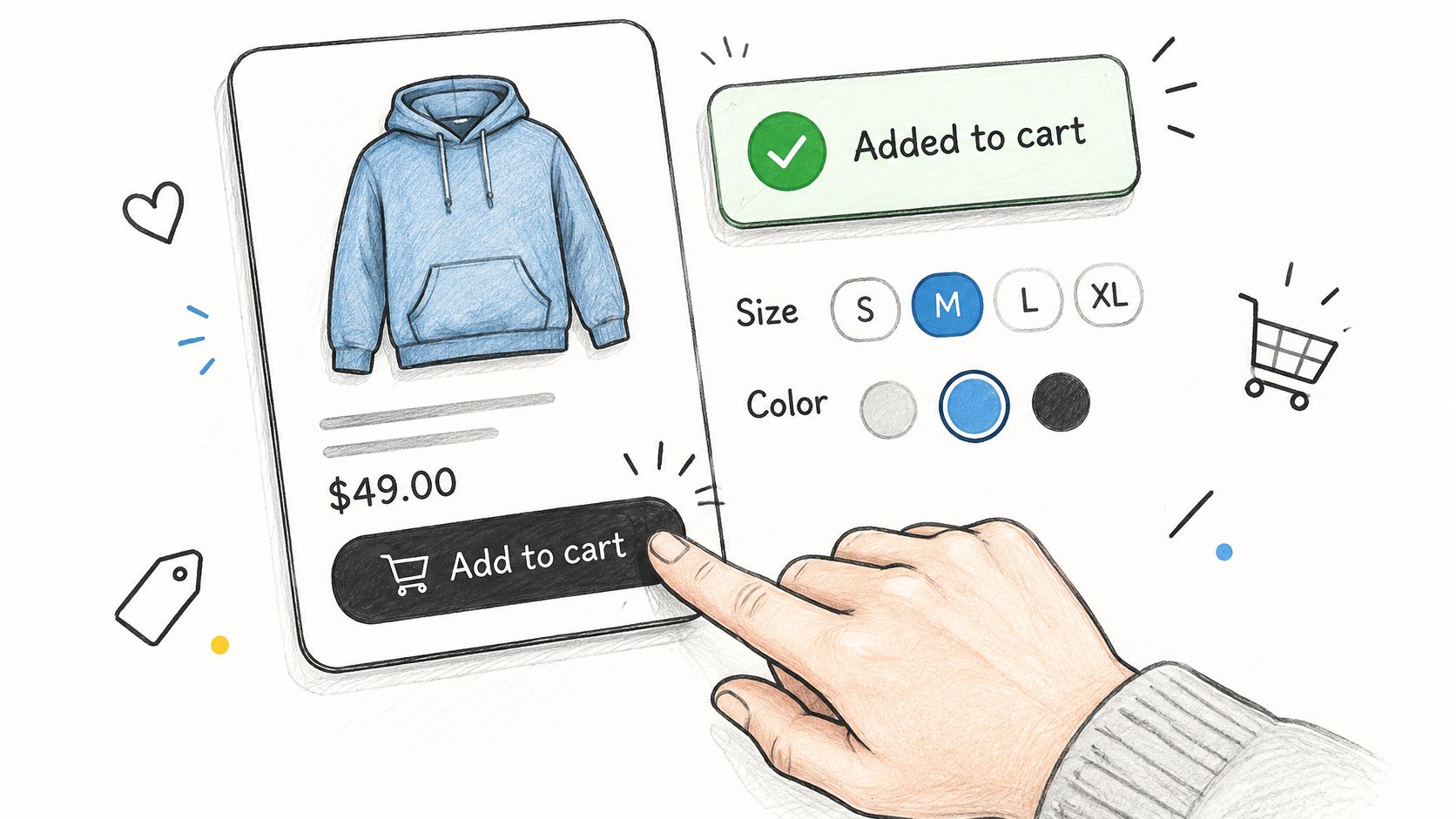 A hand selecting the Add to cart button on a digital product screen for a blue hoodie.