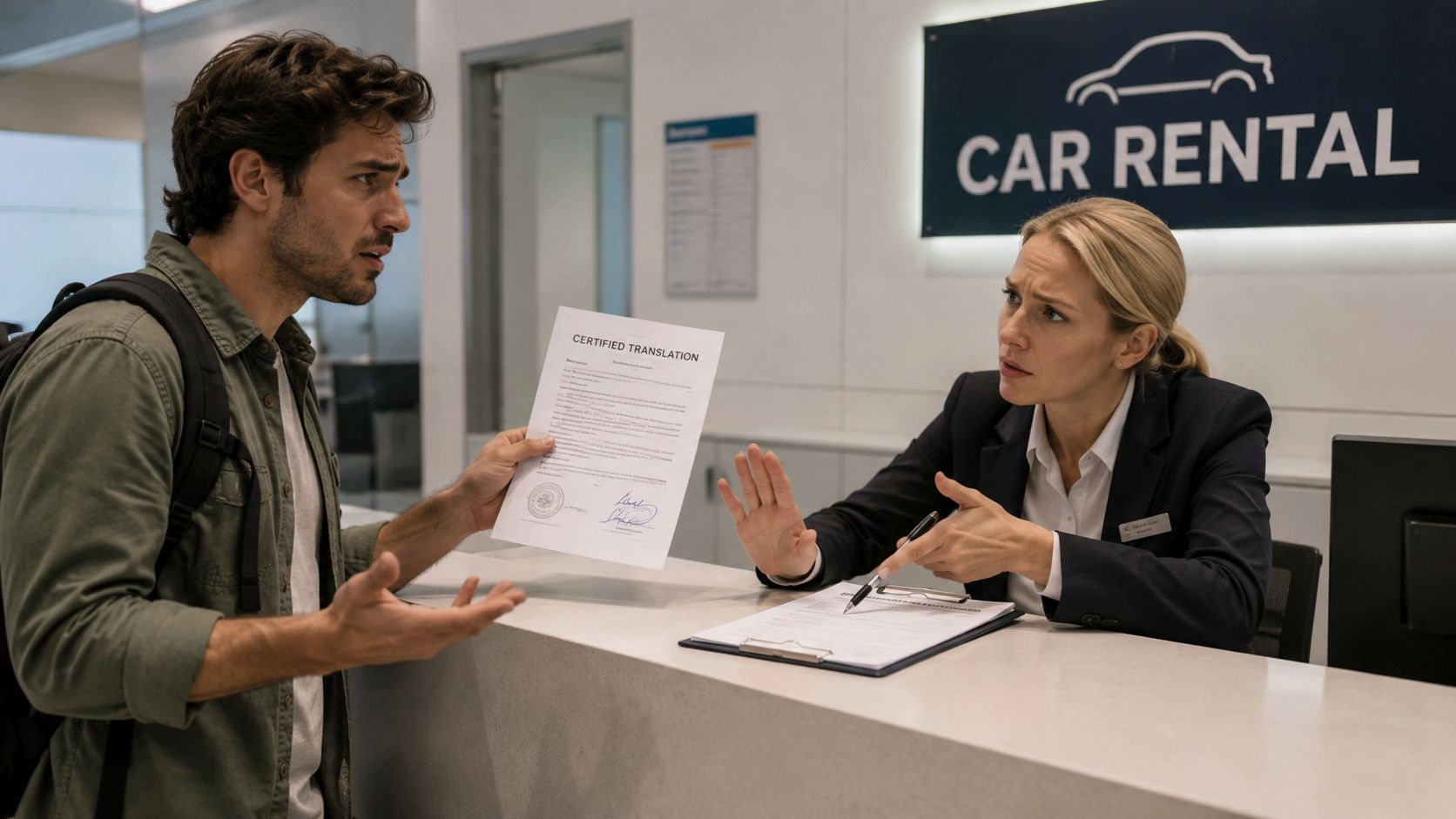 A customer presenting a certified translation document to a car rental agent at a modern service desk.