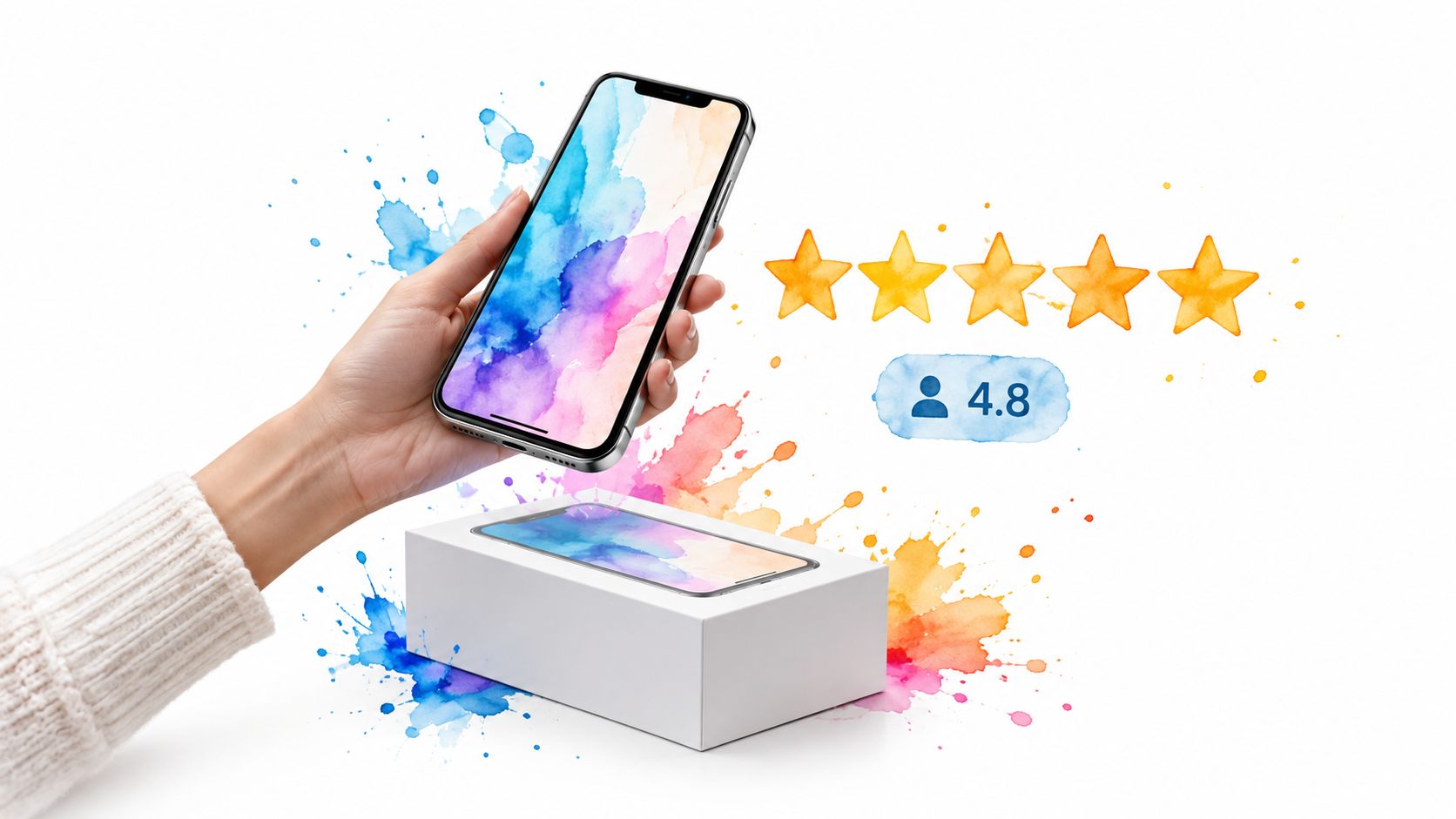 A hand holding a smartphone above its box with watercolor splashes, five stars, and a rating icon.