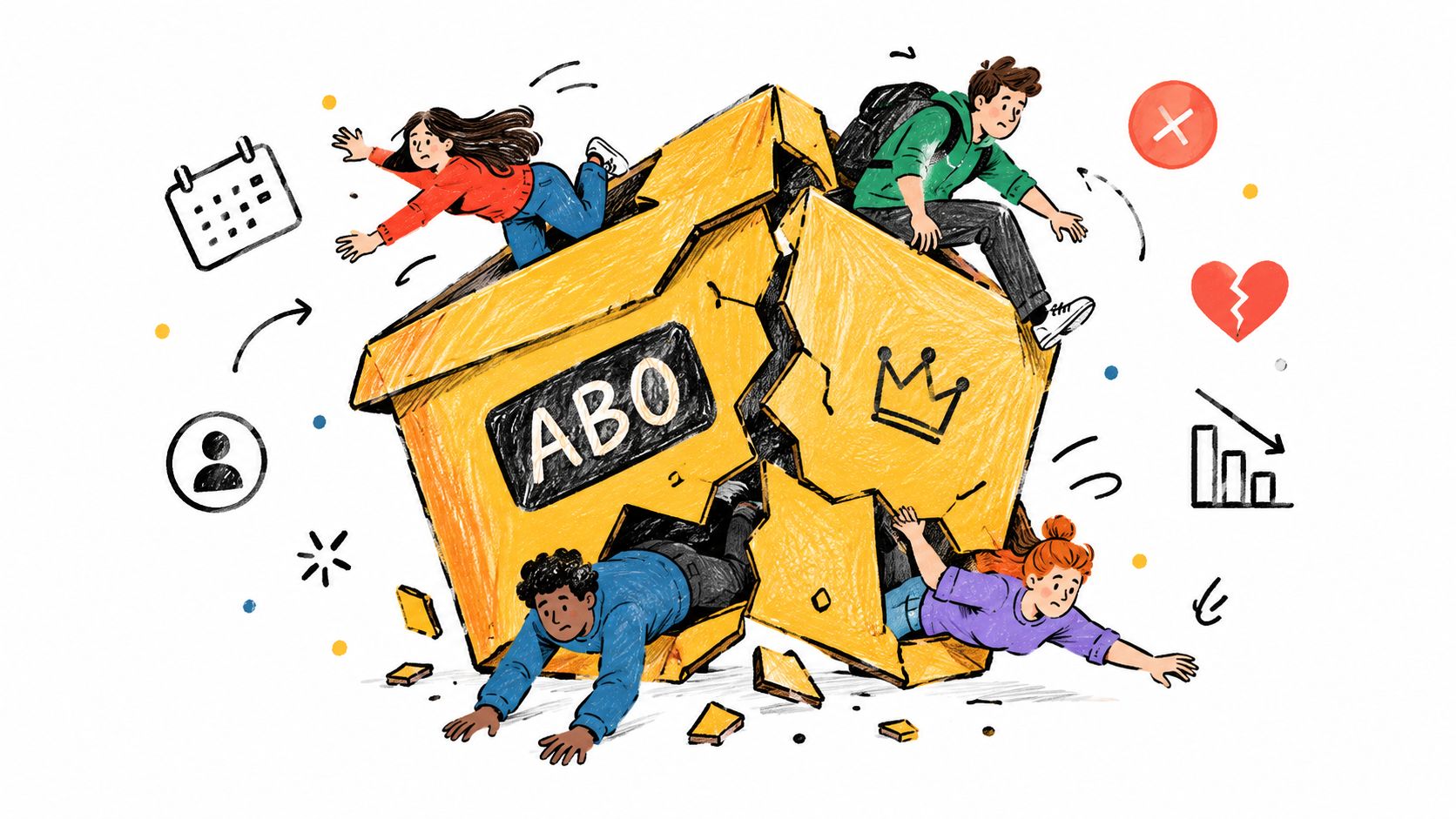 Four diverse people interacting with a cracked, yellow subscription box featuring an ABO label and crown icon.