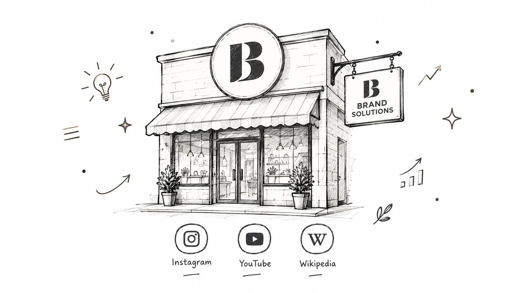 A hand-drawn sketch of a storefront shop with Brand Solutions branding, social media icons, and business growth symbols.