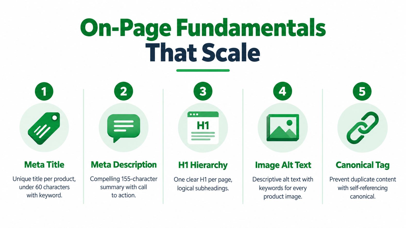 A list of five essential on-page SEO fundamentals including meta titles, descriptions, H1 hierarchy, alt text, and canonical tags.