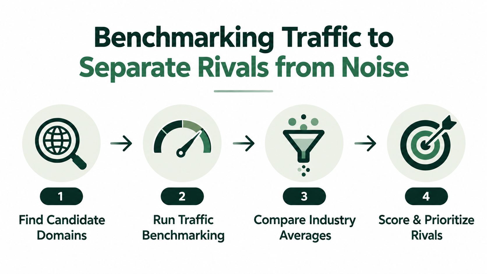 A four-step infographic illustrating the process of benchmarking website traffic to identify and prioritize business rivals.