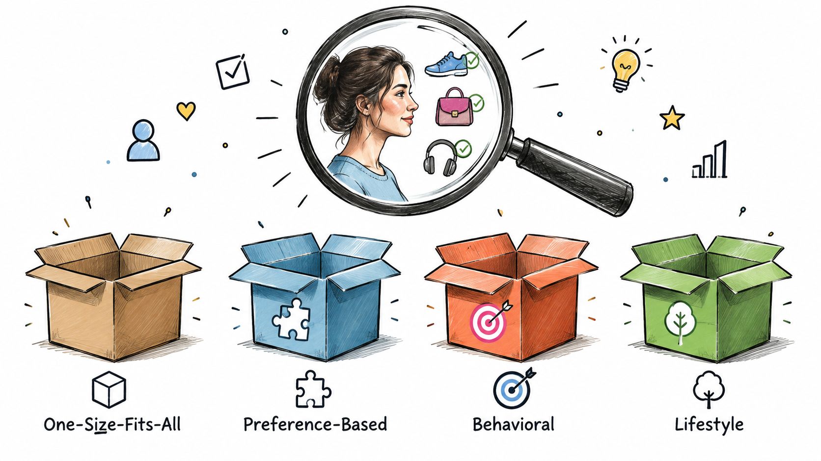 A magnifying glass focusing on a person surrounded by four colorful subscription boxes representing different curation strategies.