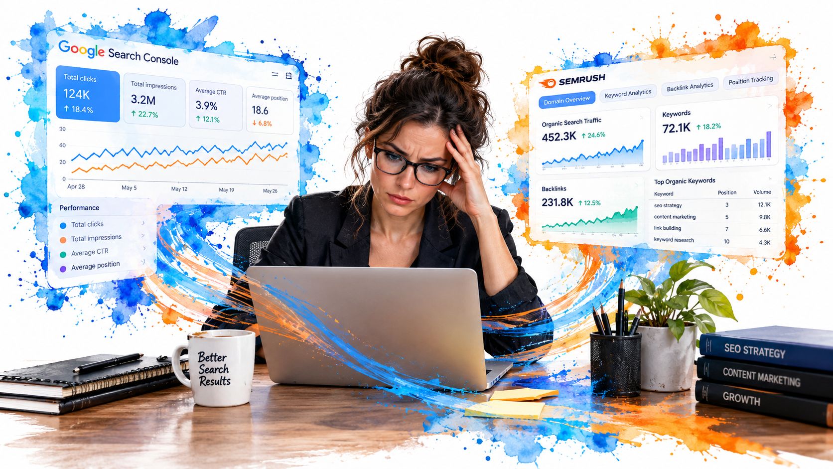 A professional woman looking stressed while working on an SEO report with digital data dashboards floating.