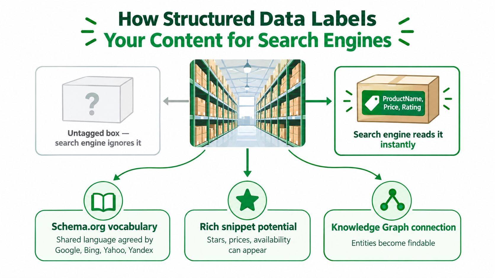 An infographic showing how structured data labels help search engines categorize and index website content for better visibility.