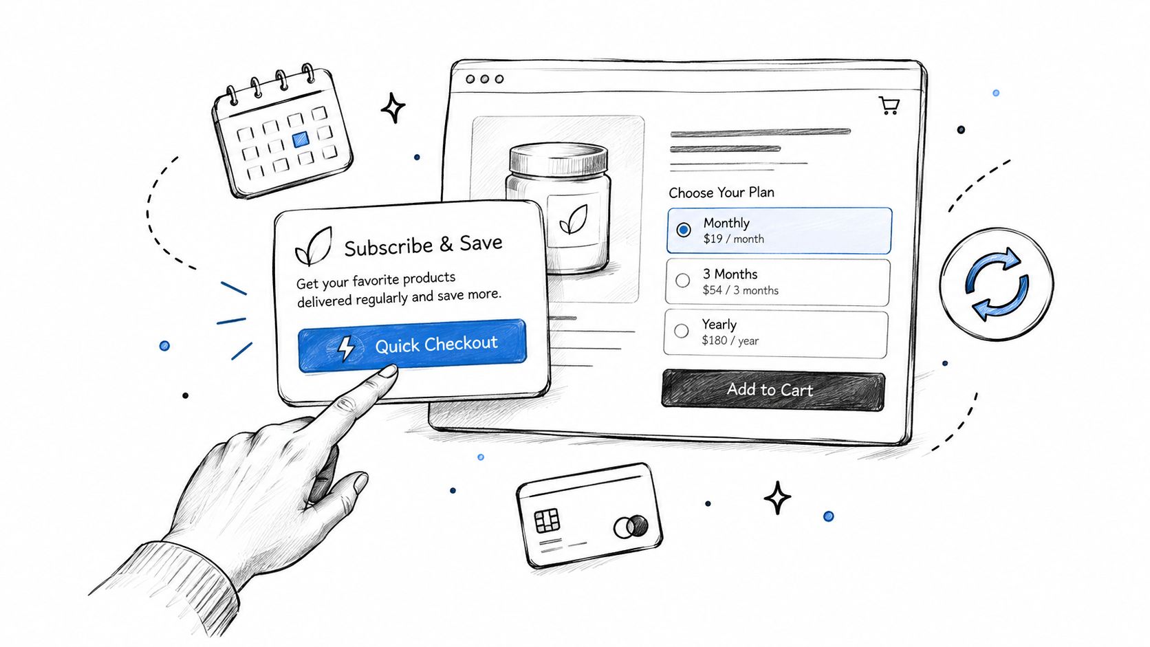 A hand selecting a subscription plan with a quick checkout option on a digital shopping interface illustration.
