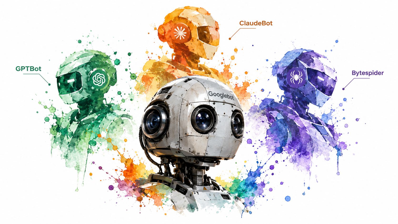 An artistic illustration featuring colorful robot characters representing various web crawlers including Googlebot, GPTBot, ClaudeBot, and Bytespider.