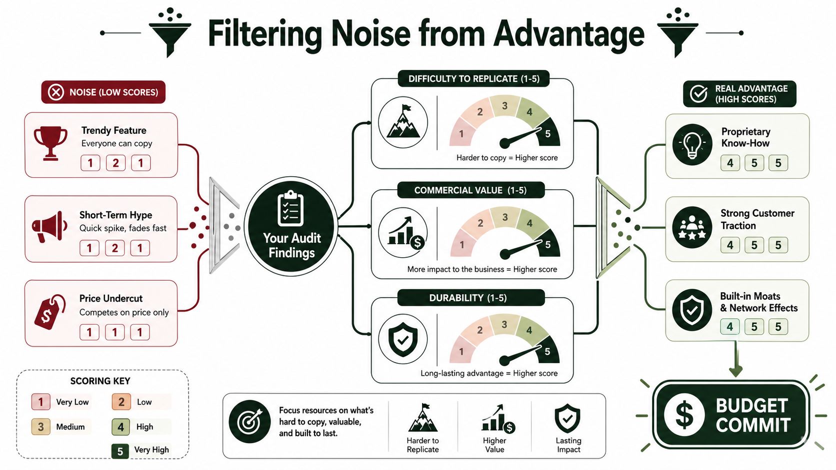 An infographic titled Filtering Noise from Advantage, illustrating how to evaluate business audit findings for competitive strategy.