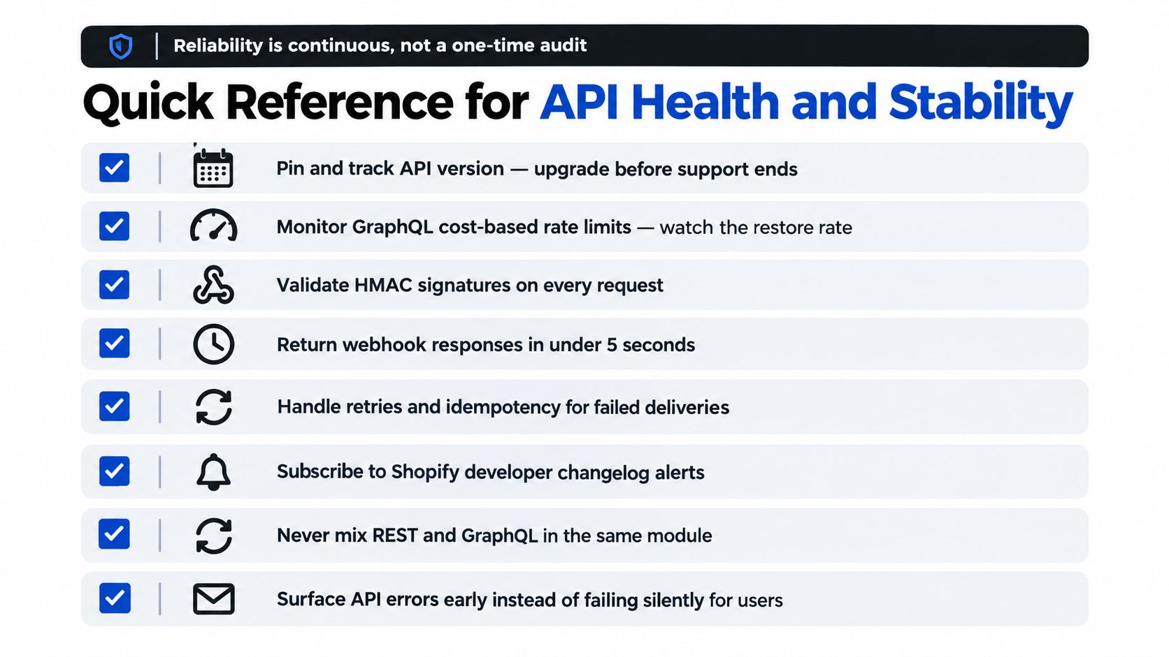 A checklist infographic titled Quick Reference for API Health and Stability, outlining best practices for developers.