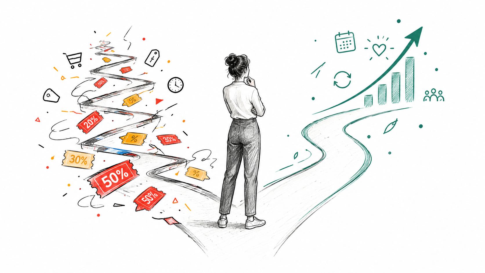 A woman stands at a fork in the road comparing discount-heavy business strategies with sustainable growth planning.