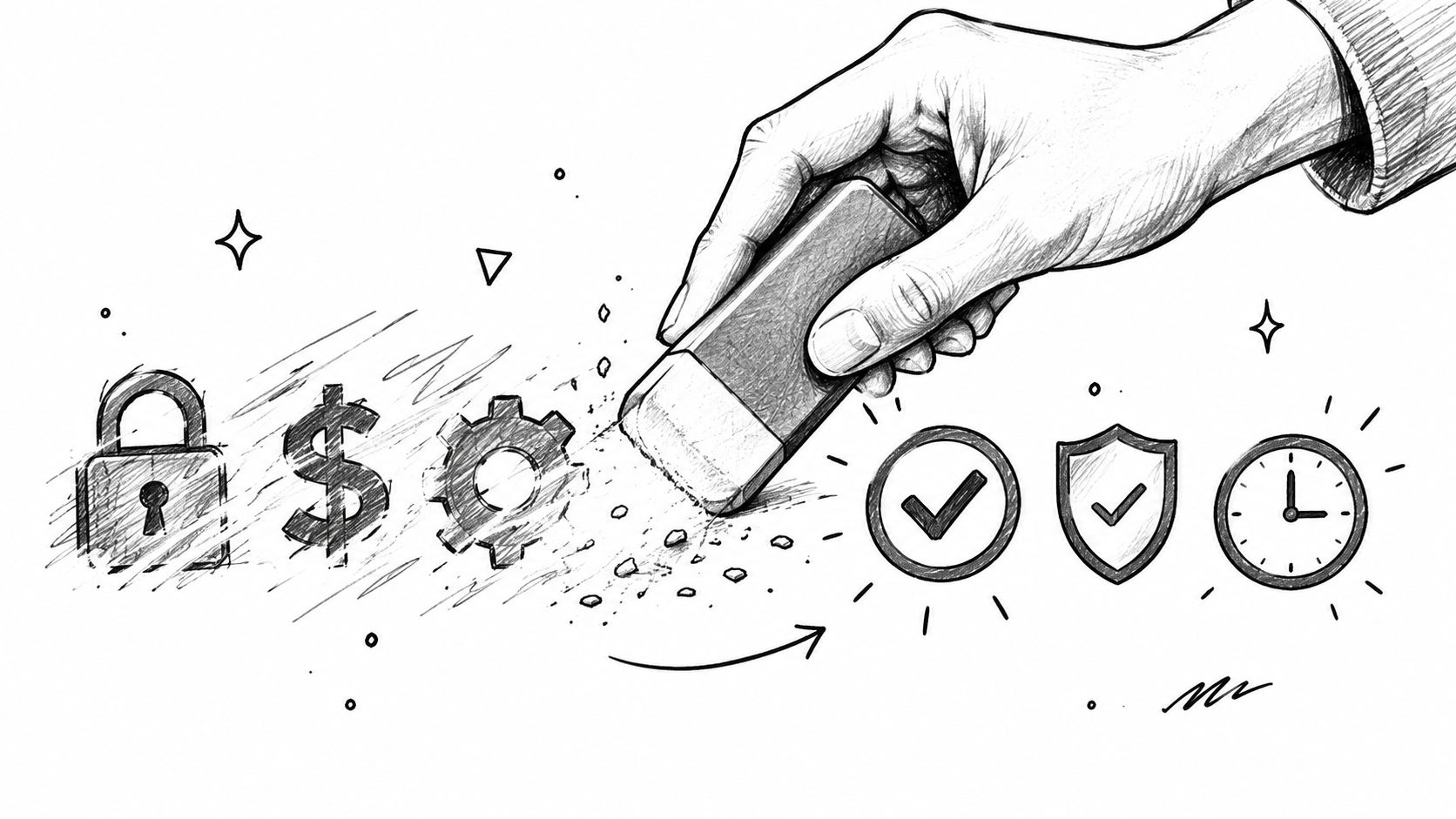A hand using an eraser to remove symbols of cost and complexity, replaced by efficiency and security icons.