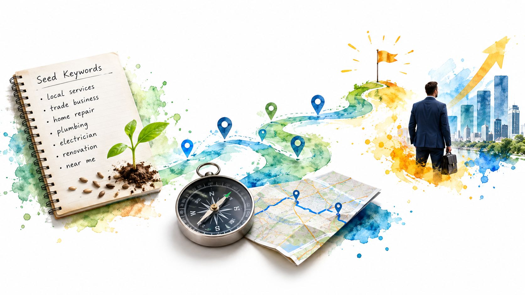 A business concept illustration showing seed keywords, a compass, a map, and a businessman looking toward growth.