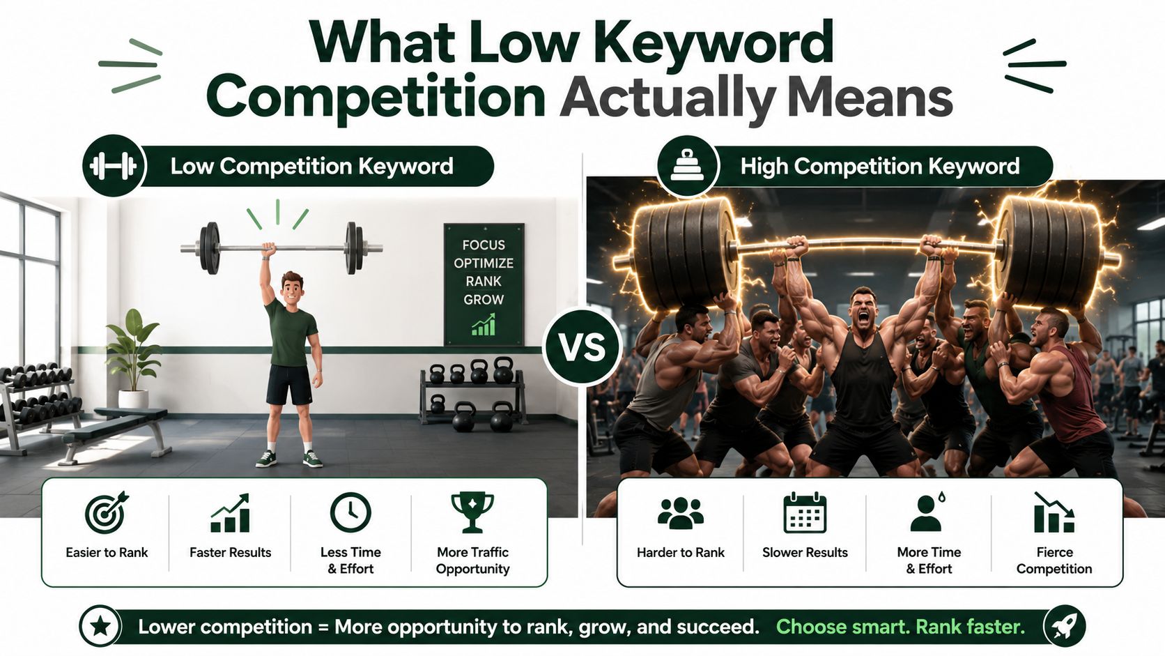 An infographic comparing low keyword competition versus high keyword competition for better SEO and website growth strategy.