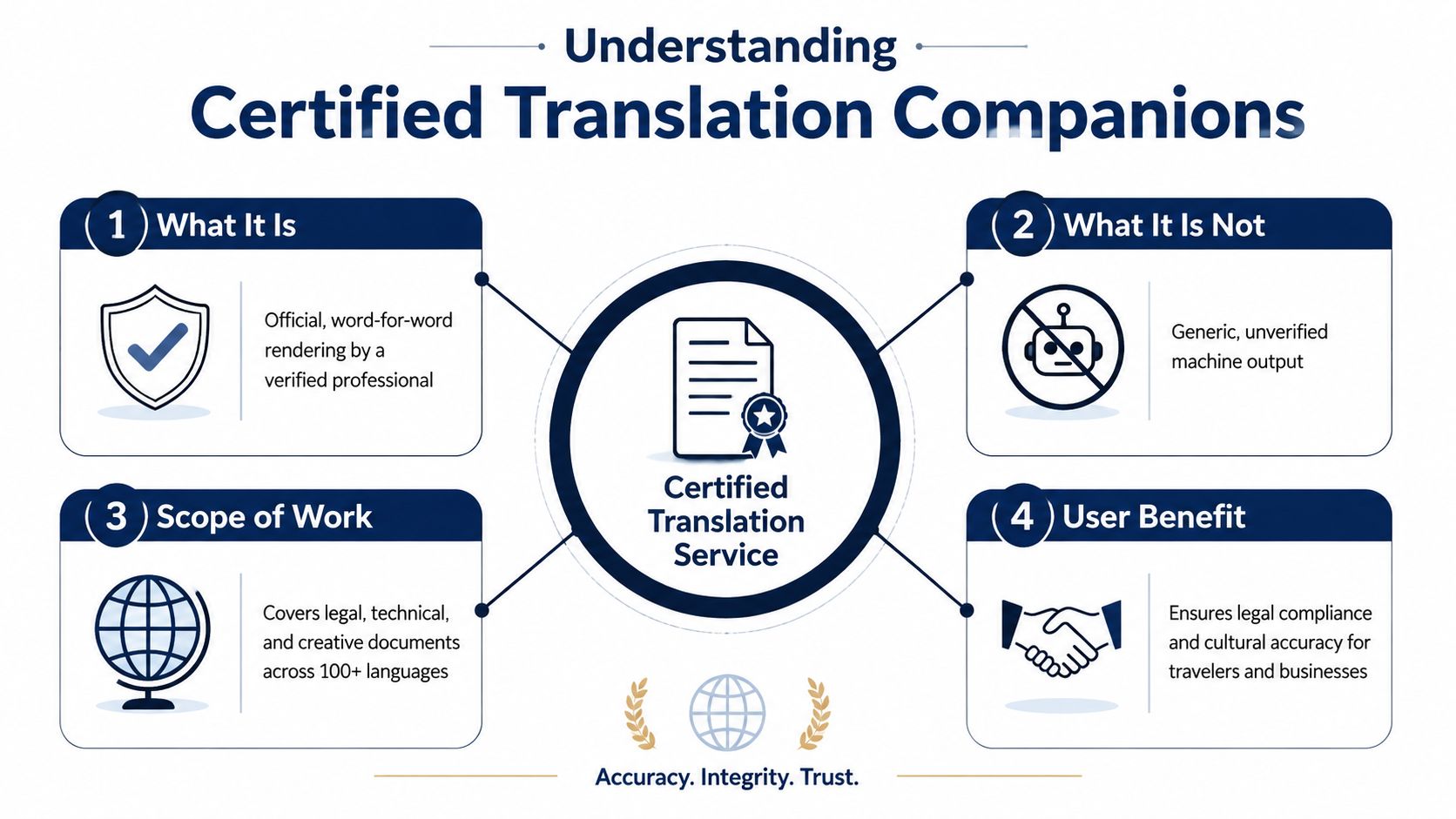 An infographic explaining certified translation services, detailing what they are, what they are not, and their benefits.