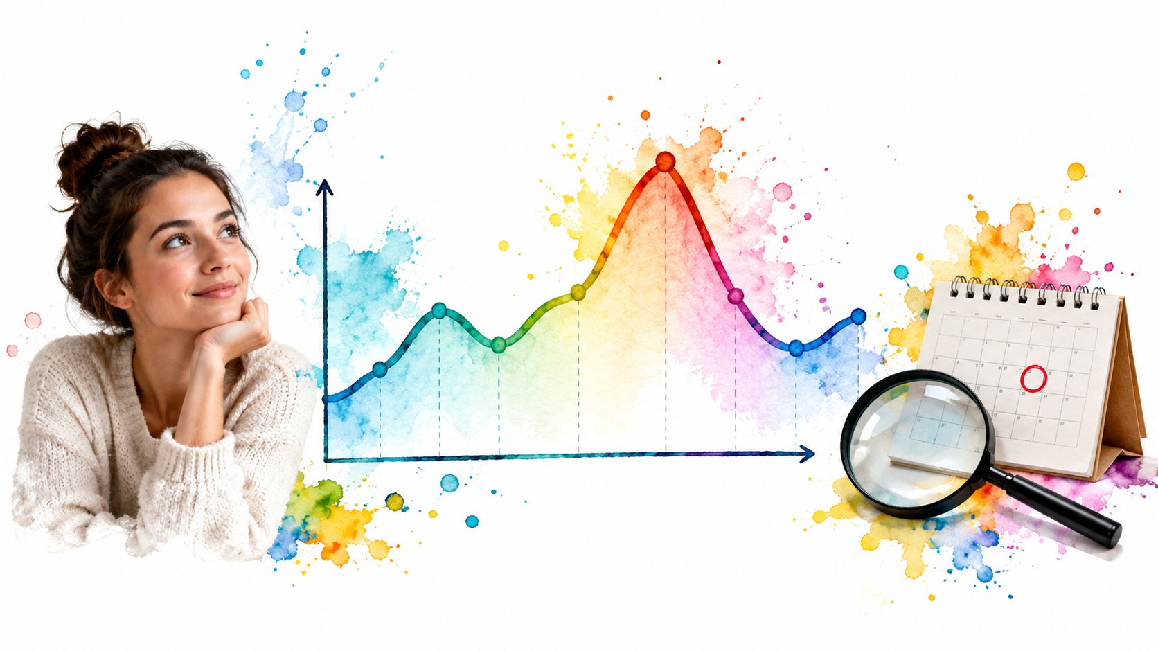 A smiling woman looks at a colorful line graph and a calendar marked with a red circle.