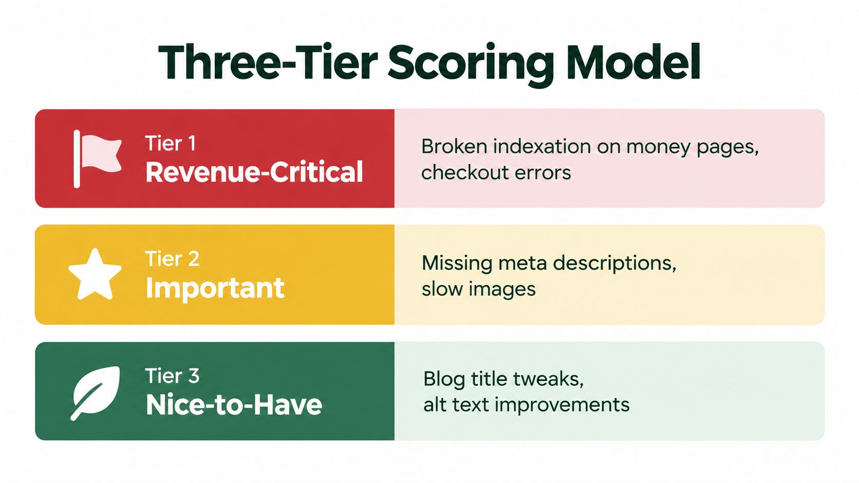 A three-tier scoring model diagram categorizing SEO tasks by revenue impact, importance, and preference for website optimization.