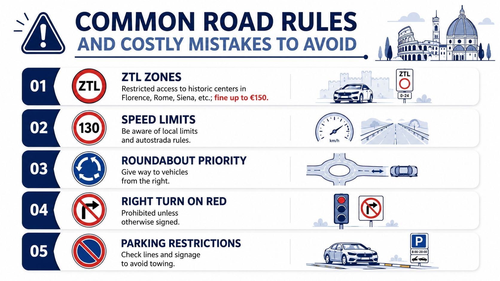 An infographic illustrating five common traffic rules and costly driving mistakes for motorists traveling in Italy.