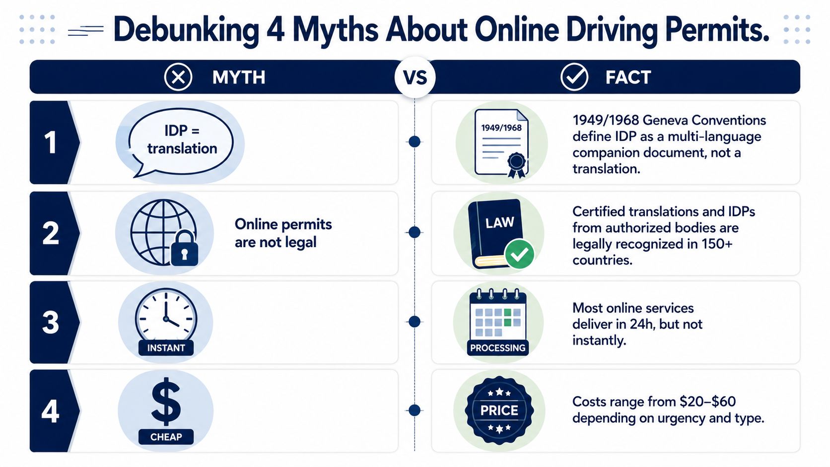 An infographic debunking four common myths about obtaining and using international driving permits online.