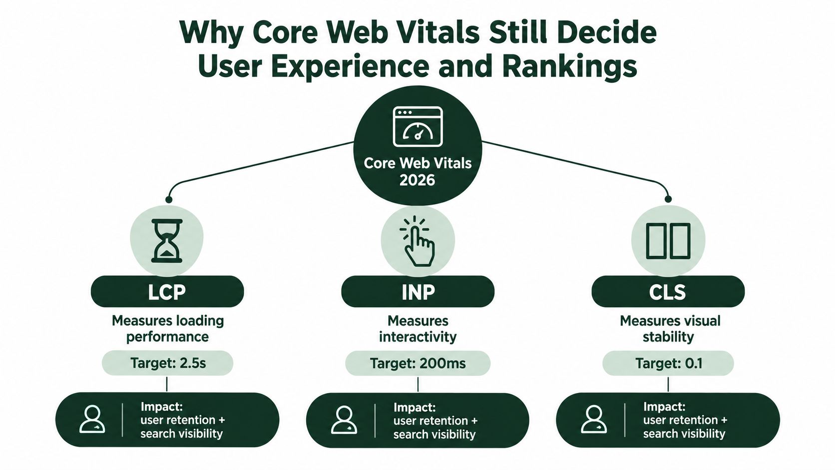 A diagram explaining core web vitals LCP, INP, and CLS performance metrics for SEO and user experience.