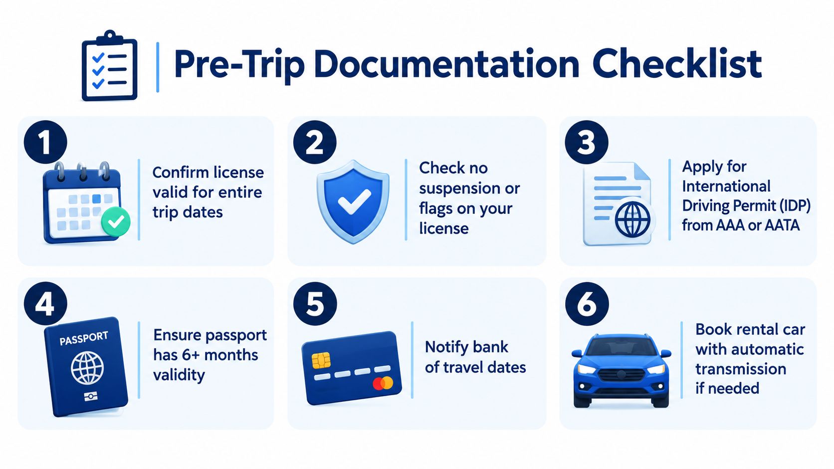 A travel checklist for driving abroad, outlining six essential documentation steps for international travel preparations.