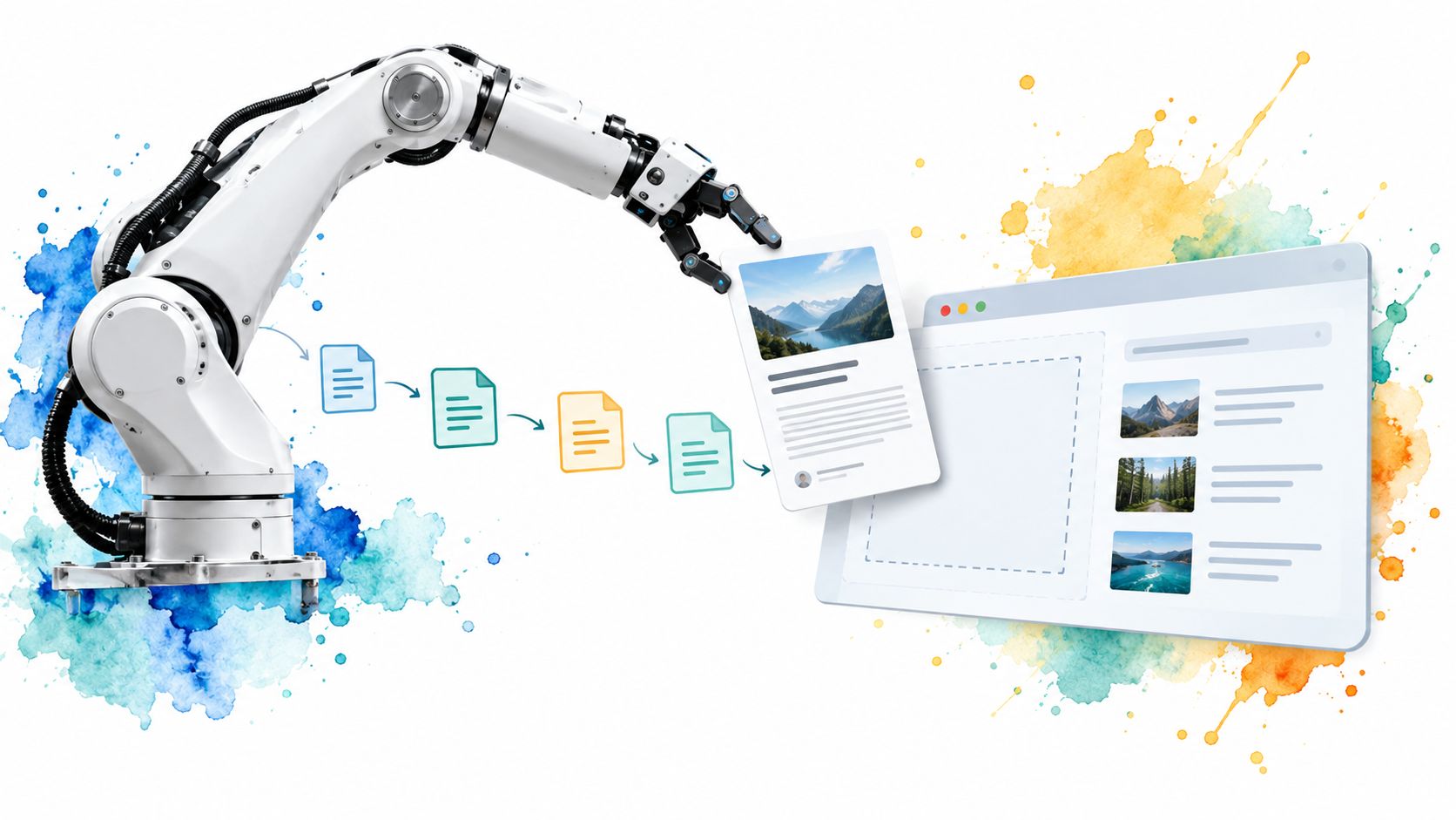 A robotic arm processing documents and placing a digital social media post onto a web interface screen.