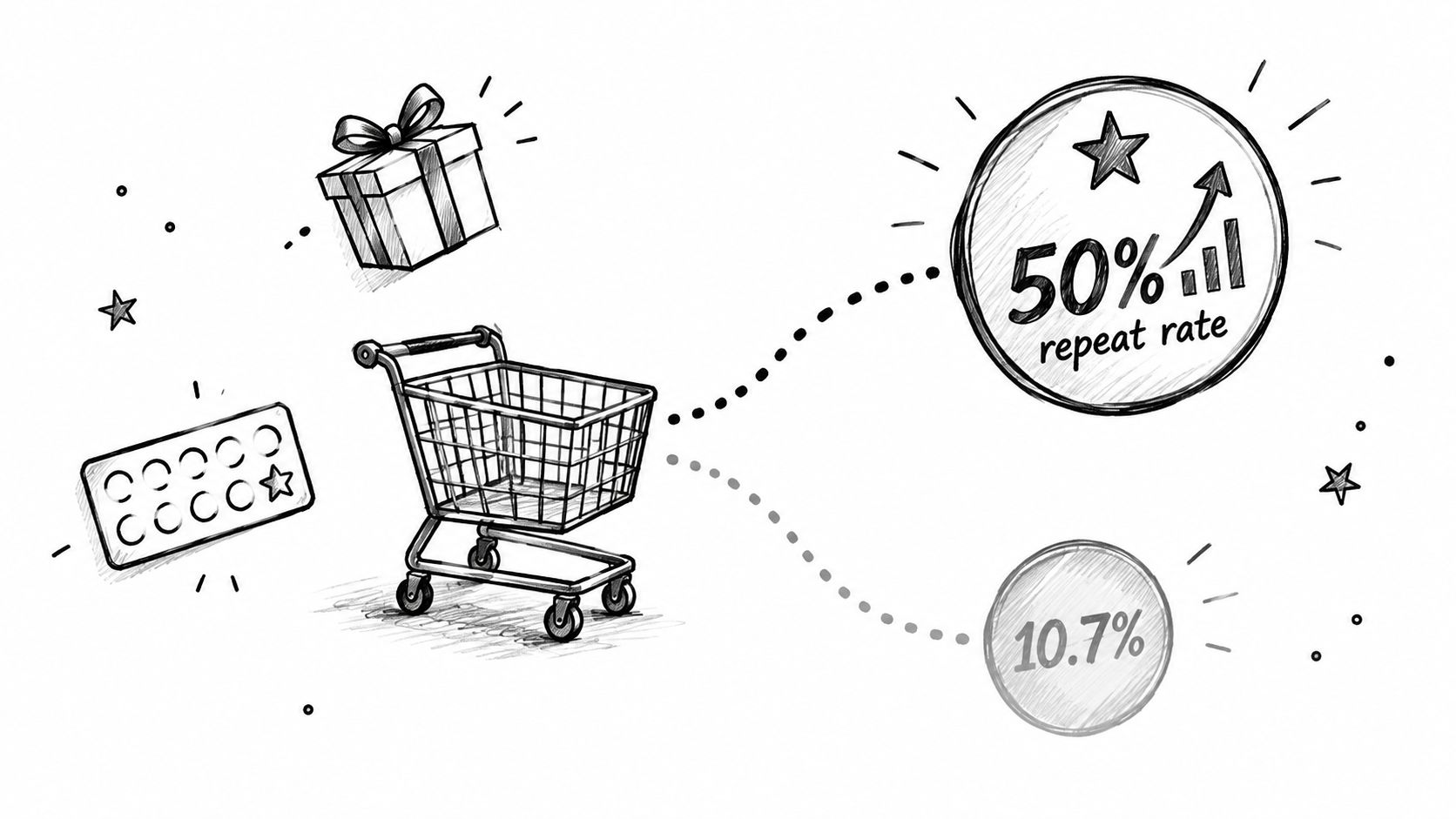 Sketch drawing of a shopping cart, a gift, and statistics representing shopify customer retention rates.