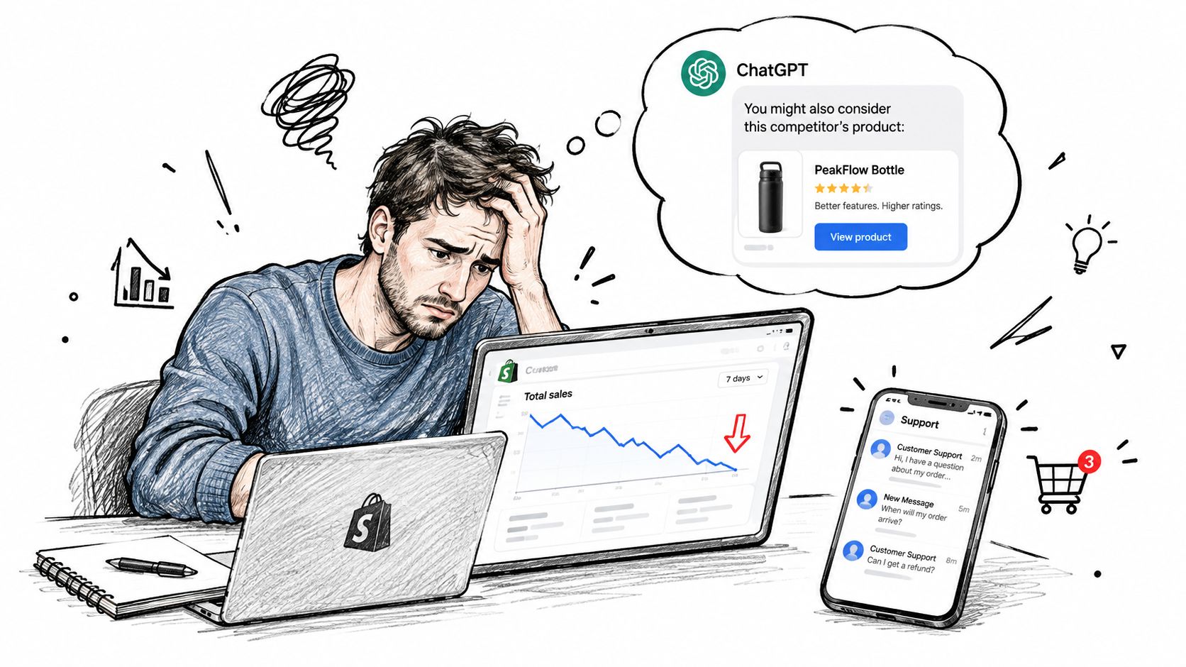 A distressed entrepreneur looking at declining sales data and competitive product recommendations on a laptop and phone.