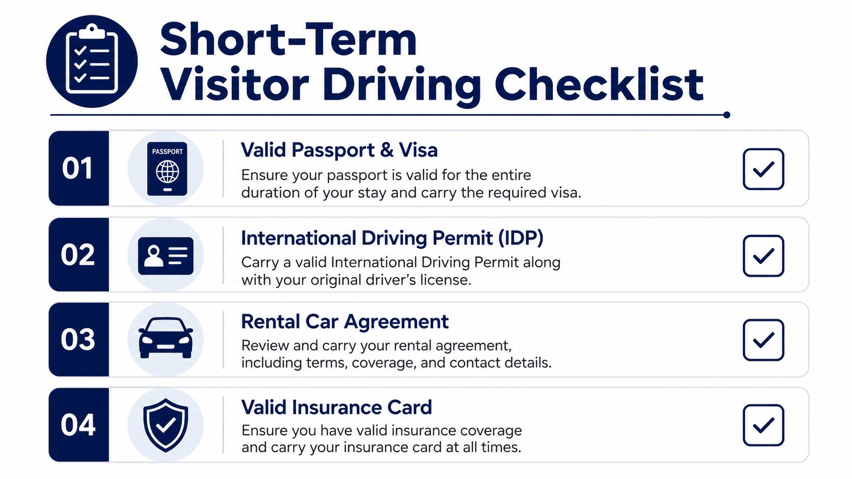 A checklist for short-term visitors driving in Korea, outlining necessary documents like passports and permits.