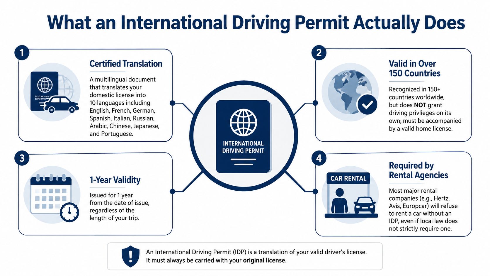 An infographic detailing the four key facts and requirements for an International Driving Permit.