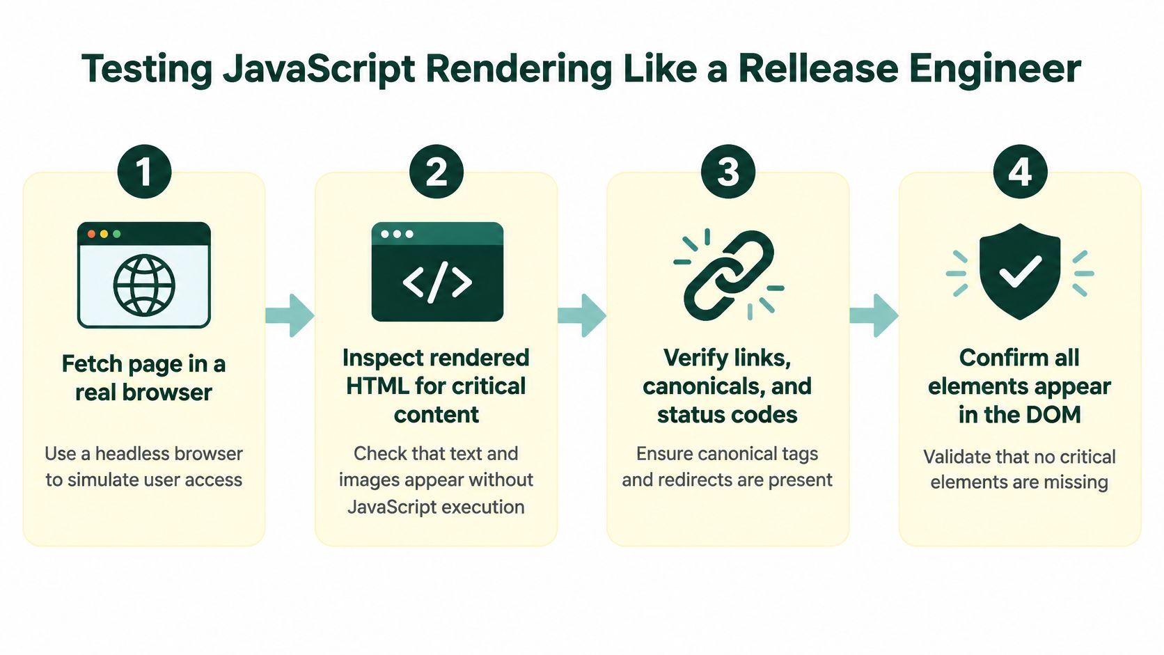 A four-step infographic illustrating a process for testing JavaScript rendering for website performance and SEO optimization.