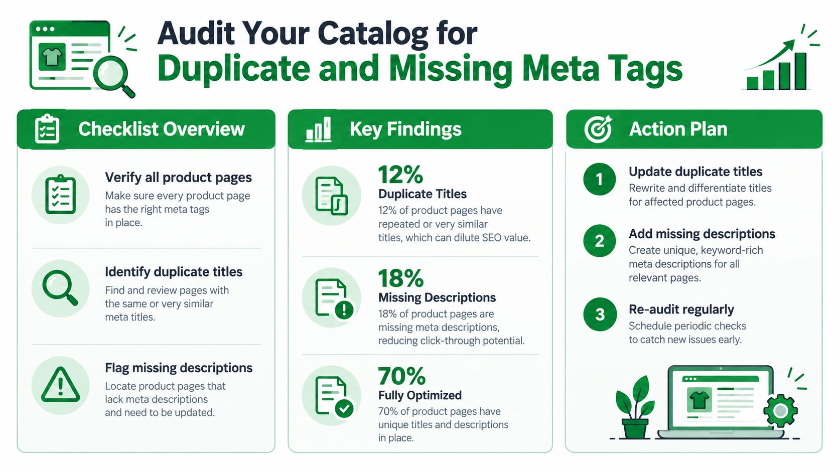 An infographic titled Audit Your Catalog for Duplicate and Missing Meta Tags, showing a checklist, findings, and plan.