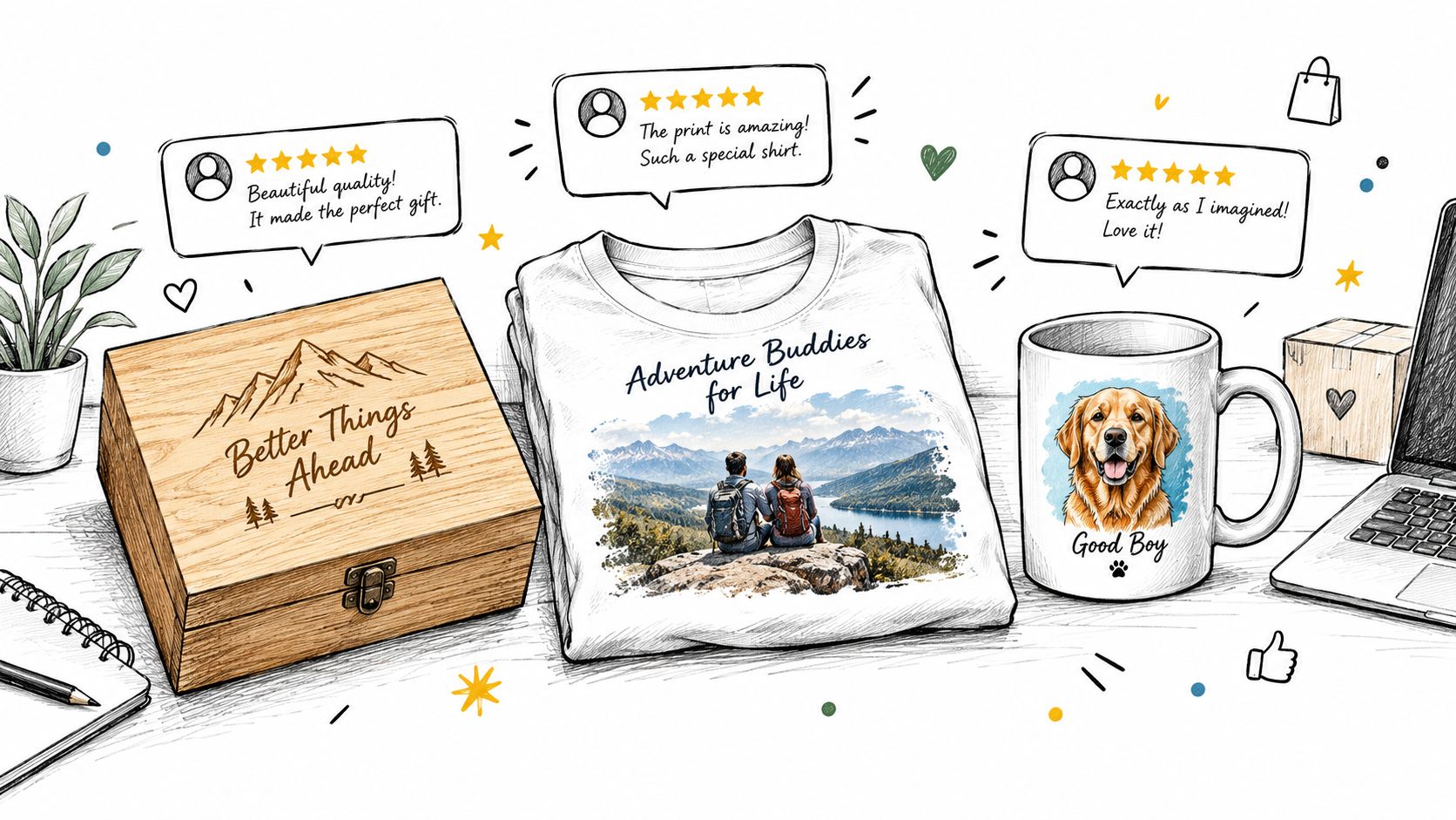 A custom wooden box, personalized t-shirt, and coffee mug showcased with customer five-star review speech bubbles.