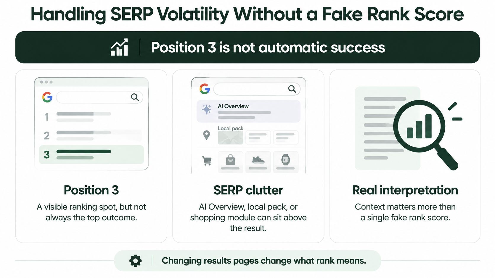 An infographic explaining that search rankings are not always accurate due to SERP volatility and UI changes.